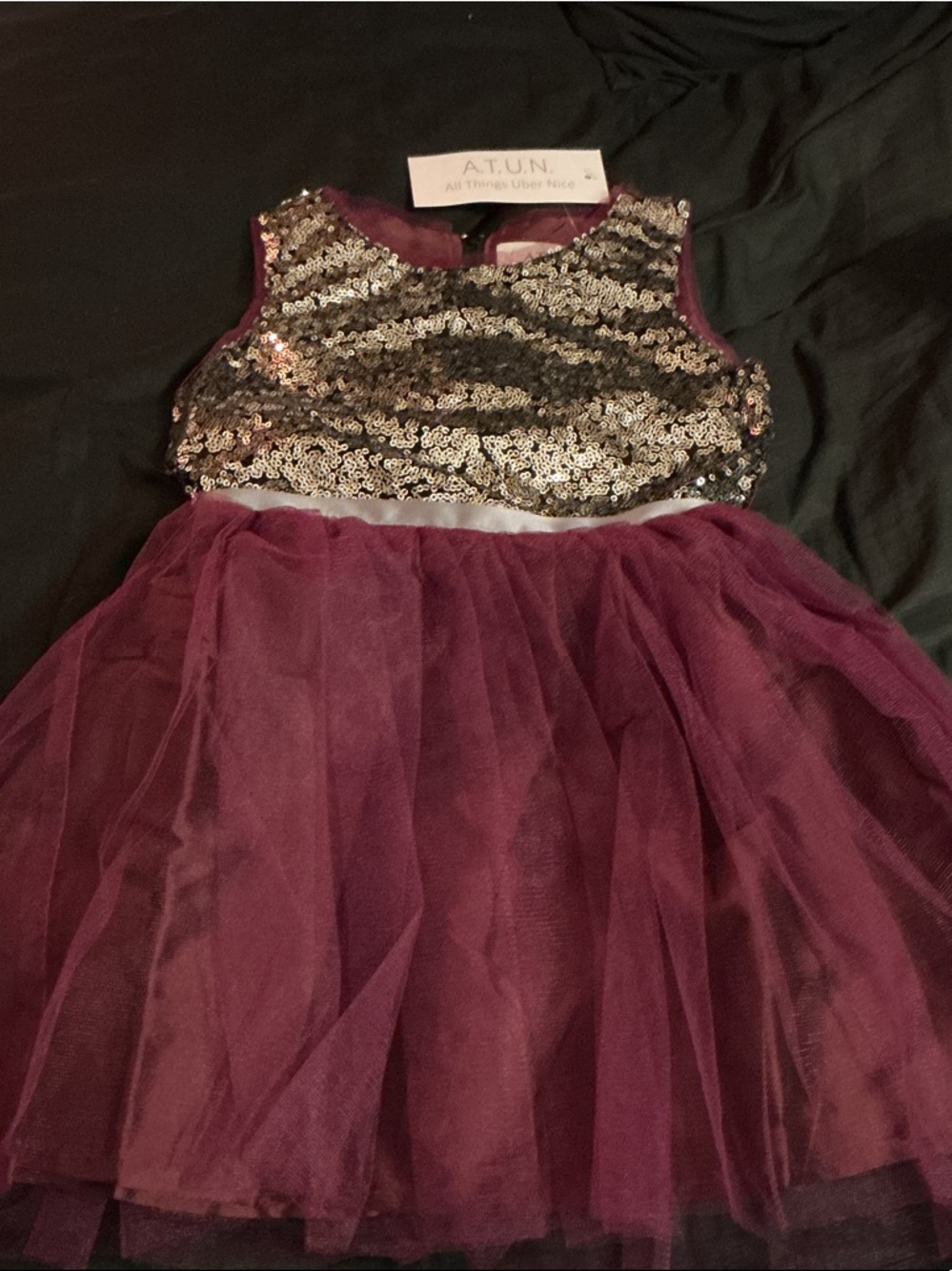 A.T.U.N. Girls' Burgundy Tulle Dress with Gold Sequin Bodice